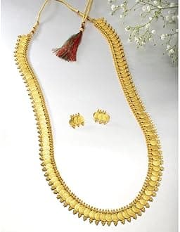 Aheli Wedding Wear Gold Tone Goddess Engraved On Coin Long Necklace Set South Indian Traditional Bollywood Fashion Jewelry Set Gift for Women
