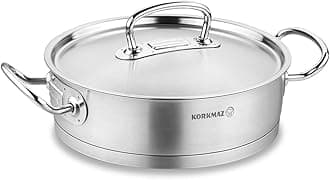 Korkmaz Proline Stainless Steel Low Casserole Saute Pot Stockpot With Lid and Handles Silver