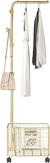 Beauenty Mobile Coat Rack with Storage Basket - 360° Wheels, Heavy-Duty Metal Frame & Spacious Organizer for Entryway, Bedroom, Office | Sturdy Modern Clothing Hanger (Frame hanger, Gold)