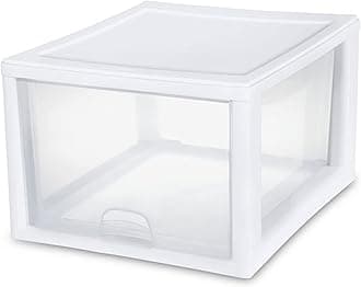 Sterilite27 Qt Stacking Storage Drawer, Stackable Plastic Bin Drawer to Organize Shoes and Clothes in Home Closet, White with Clear Drawer, 16-Pack