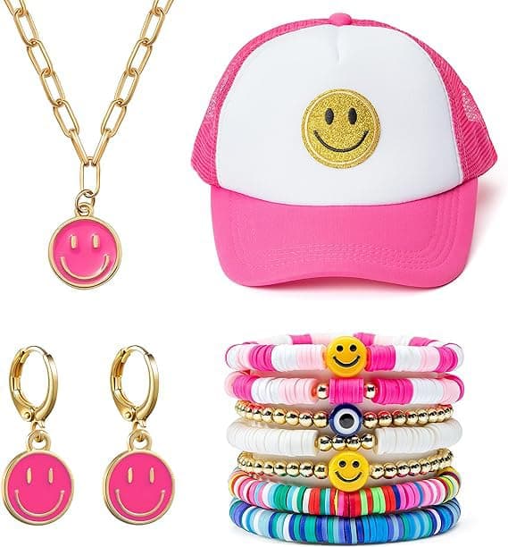 11 Pack Preppy Jewelry Set Smile Face Trucker Hat Stackable Bracelets Necklace Earrings Y2K Mesh Back Baseball Cap Colorful Handmade Charms Stretch Bracelets, Birthday Gifts for Women Girls
