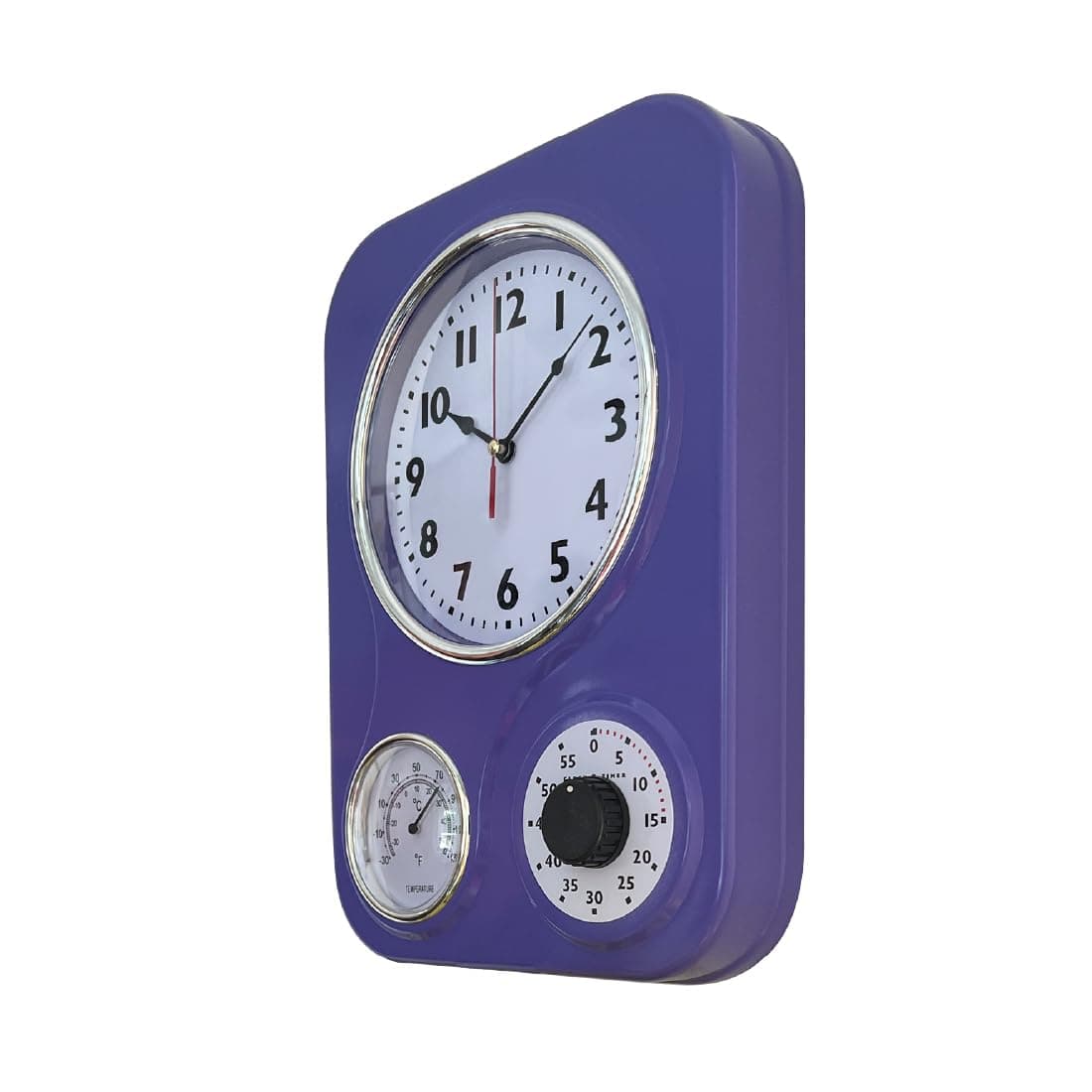 Lily's Home Retro Kitchen Wall Clock, with a Thermometer and 60-Minute Timer, Ideal for Any Kitchen, Purple (9.5 in x 13.3 in)