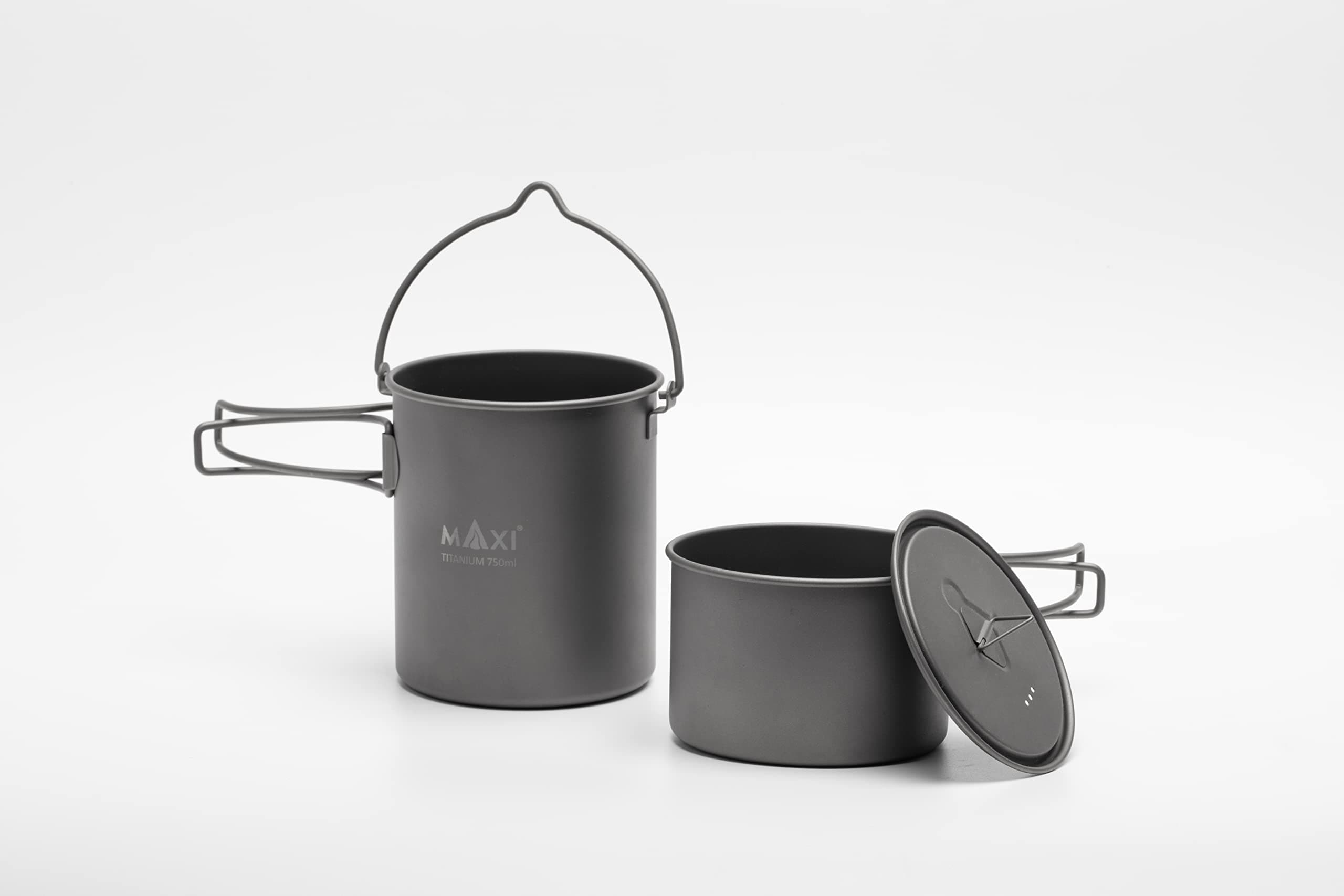 Maxi Titanium Stackable 750ml Pot & 420ml Bowl Set with Bail Handle, Grade 1 Titanium Backpacking Camping Cook Set