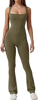 QINSENBlack Jumpsuit for Women Sleeveless Sexy Suqare Neck Stretch Flare Leggings Romper Unitard