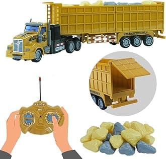 Remote Control Semi Dump Truck with Trailer Includes Simulated Stones, 14" 1:48 Trailer Dump Truck Toy, Equipped with 2 Rechargeable Batteries, Gifts Ideas for Boys Age 3-8 Year Old
