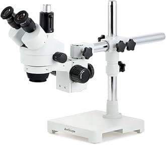 SM-3T Professional Trinocular Stereo Zoom Microscope, WH10x Eyepieces, 7X-45X Magnification, 0.7X-4.5X Zoom Objective, Ambient Lighting, Single-Arm Boom Stand