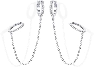 14K Gold Chain Earrings for Women | Double Piercing Dangle Chain Huggie Hoop Earrings | Cubic Zirconia Pearl Stud Ear Cuff Earrings for Women