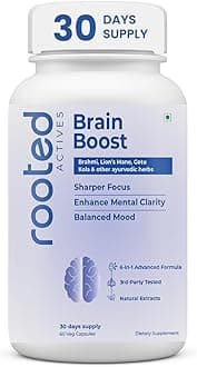 Rooted Brain Boost – 6-in-1 Advanced Nootropic with Brahmi, Lion’s Mane & Ayurvedic Herbs | Supports Focus, Memory, Mental Clarity & Stress Balance | Standardized Extracts | 60 Veg Capsules