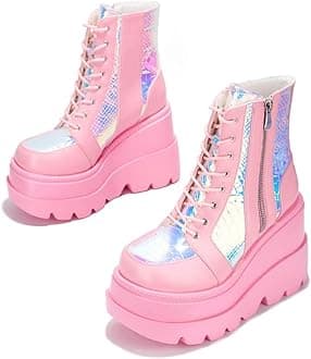 BORAMAX Platform Ankle Boots With Chunky Block Heels for Women Goth Boots Buckle Strap Wedge Motorcycle Platform Chelsea Boot