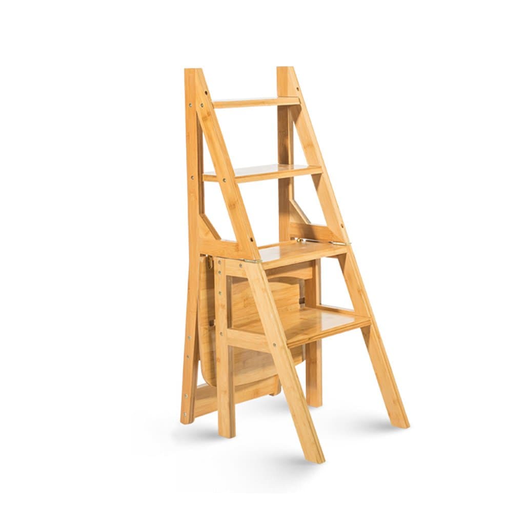 Solid Wood Multifunction Ladder Chair Home Kitchen Dual-use Folding Stairs Chair Moveable 4 Steps Ladder Ascending Stool (Color : Wood color)