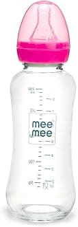 Mee Mee Baby Glass Feeding Bottle with Ultra Soft Flexible Nipple and Anti-colic valve for Babies/Kids/infants (0-2 Years,240Ml,Pink)