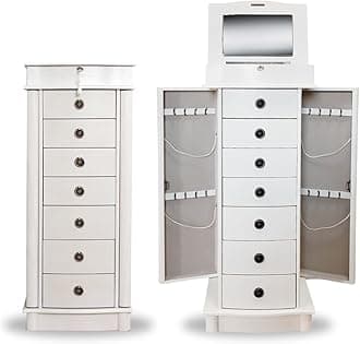 Hives and Honey Noel Standing Jewelry Armoire Cabinet, Locking Organizer with Flip Top Mirror, 2 Side Doors, 7 Drawers, Jewelry Chest for Necklaces, Earrings, Bracelets, White