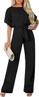 Women Dressy Jumpsuits Short Sleeve Belted Wide Leg Pant Crew Neck Elegant Romper, Black, S