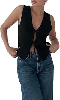 FaretumiyaWomen Y2k Button Down Crochet Knit Vest Sleeveless Hollow Out Crop Tops Vintage Casual V-Neck Versatile Streetwear