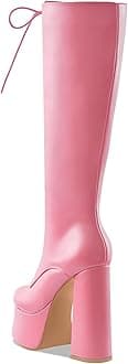 Perisis Women's High Chunky Heel Platform Knee High Boots Fashion Leather Lace Up Heeled Long Boots Wide Calf