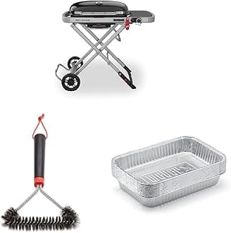 Weber Traveler Portable Gas Grill, Black & 12" Three-Sided Grill Brush & Aluminum Drip Pans, 5 x 1.4 x 7.5 Inches, Set of 10