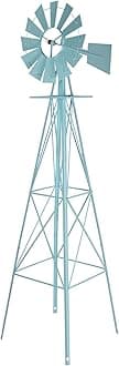 VINGLI 8FT Ornamental Windmill Backyard Garden Decoration Weather Vane, Heavy Duty Metal Wind Mill w/ 4 Legs Design,Light Blue
