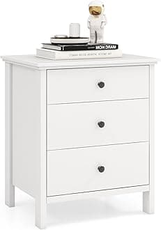 Nightstand with 3 Drawers, Wooden Side End Table with Solid Wood Legs, Retro 3-Drawer Bedside Table Night Stand for Bedroom Home Office Small Space, Easy Assembly, White