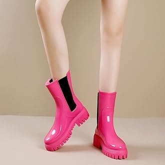 Hsttgsr Rain Boots for Women, Waterproof PVC Rubber Boots Womens Garden Boots, Mid-Calf Anti-Slip Raining Shoes, Elastic Slip On Garden Fishing Rain Shoes for Yard Farm Outdoor Work, Pink, 6.5