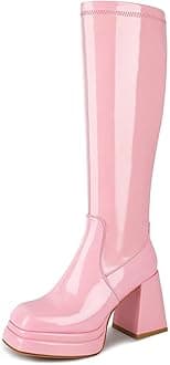 wetkiss Platform Knee High Boots Women Chunky High Heel Black Boots for Women Gogo Boot with Side Zipper Stretchy Boot Not for Bigger Wide Calf