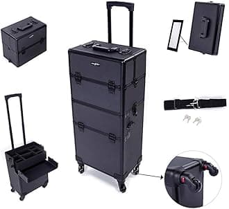 2 in 1 Rolling Makeup Train Case Professional Cosmetic trolley on Wheels Aluminum Nail Cart Cosmetic Suitcase for professional makeup artist, Luggage Lockable w/4 Removable Wheels (Black)
