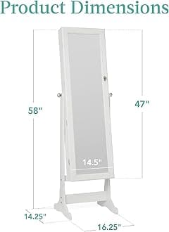 Best Choice Products Freestanding Jewelry Armoire Cabinet, Full Length Standing Mirror, Lockable Makeup Storage Organizer, w/Velvet Lining, 3 Angles, Lock, Accessory Pouch, 5 Shelves - White