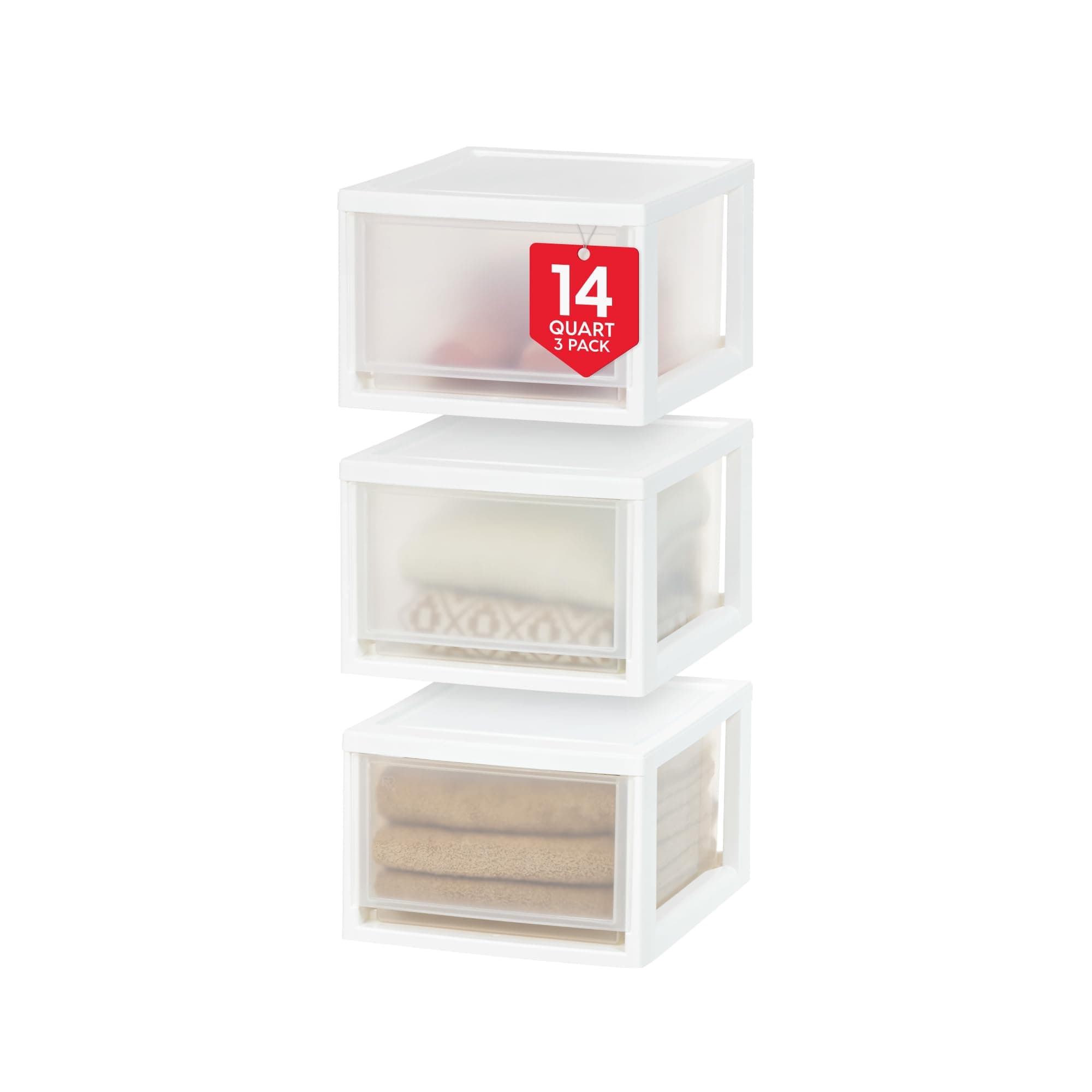 IRIS USA 14.5 Qt. Plastic Drawer Storage Organizer Stacking Drawers, 3-Pack, Stackable Unit with Sliding Drawer for Clothes Bedroom Kitchen Under Sink Pantry Craft Room Bathroom Dorm Office, White