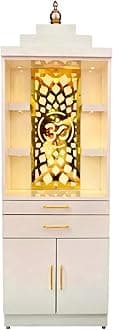 White Wooden Pooja Mandir for Home | Temple for Office/Pooja Mandir with Om Golden Jali LED Warm White Light & 4 Shelf |Temple I Decoration