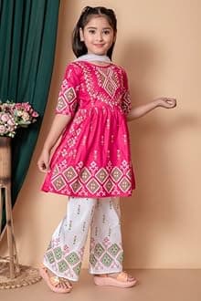 Girl's Ethnic Kurta and Straight Pant Set with Silky Dupatta