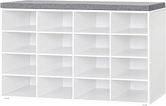 DINZI LVJ Shoe Storage Bench with Cushion, 16-Cubby Shoe Rack, Adjustable Shelves, Multifunctional Shoe Organizer Bench for Entryway, Mudroom, Hallway, Living Room, Bedroom and Garage, White