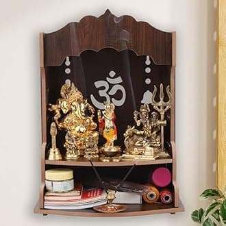 Pooja Wooden Mandir for Home Wall Mounted Wood Puja Home Temple with Double Shelf for Storage and God Idols Decoration for Living Room, Bedroom and Office Brown