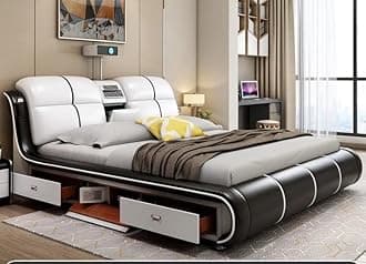 AWD Smart Bed King Size Provided with Projector Massage Bluetooth Speaker Storage Drawers Safe Air Purifier Clock Display Bedroom Essential King Size Bed Luxurious Modern Smart Bed. (Black & White)