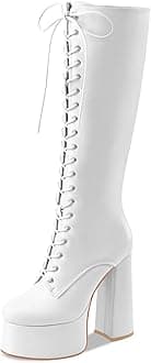- Women's High Chunky Heel Platform Knee High Boots Fashion Leather Lace Up Heeled Long Boots Wide Calf