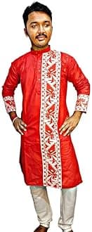 NEEDLE GO TRADITIONAL Men's Pure Cotton Jamdani Kurta, Full Sleeves, for Weddings, Parties, Poojas, Festivals