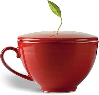 Cafe Cup Ruby Red Porcelain Tea Cup and Lid, Steeps 8 oz., Microwave and Dishwasher Safe