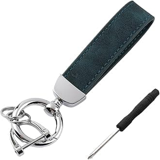 Kewucn Genuine Leather Car Keychain, Universal Heavy Duty Metal Auto Key Fob Holder with Anti Lost D-Ring for Men Women （Silver-Black Green）