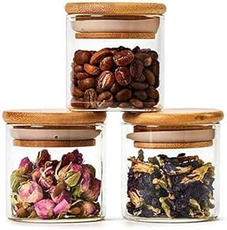 Jinelza220 ml glass jars with wooden lid glass jar set food storage containers Borosilicate Glass Jar Set/Suit for Sugar, Salt, Coffee, Tea, and Other Dry Food Storage (220ML JARS, 3 PCS)