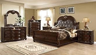 Dorean Eastern King Size Lauren Honey Brown Cappuccino Solid Wood Bonded Leather Sleigh Bed with Bed Set