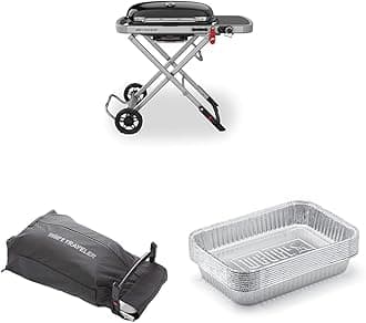 Weber Traveler Portable Gas Grill, Black & Traveler Cargo Protector Grill Cover, Heavy Duty and Water-Resistant & Aluminum Drip Pans, 5 x 1.4 x 7.5 Inches, Set of 10
