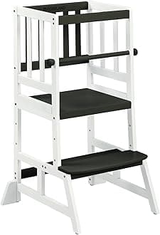 COSYLANDToddler Standing Tower - Adjustable Height Toddler Kitchen Stool Helper - Kids Kitchen Step Stool for Learning with Removable Safety Railing Black&White