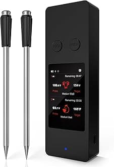 2 Probes Bluetooth Wireless Meat Thermometer with App, Touch Screen, Audible Alarm, 800ft Range & Rechargeable Base, Kitchen Food Thermometer for Cooking, BBQ, Smoker | Stocking Stuffers for Men