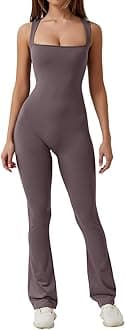 QINSENBlack Jumpsuit for Women Sleeveless Sexy Suqare Neck Stretch Flare Leggings Romper Unitard