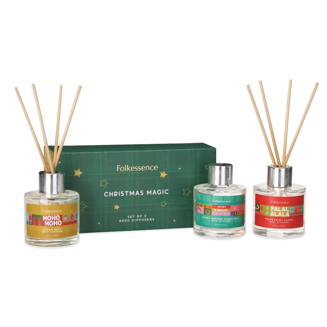 Folkulture Christmas Reed Diffuser Set of 3– Xmas Essential Oil Diffuser Reed Sticks for Home Fragrance, Holiday Aromatherapy, Apple Tart, Peppermint Candy & Lavender Scents (Christmas Magic)