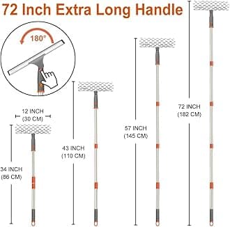 Extendable Window Squeegee, 12Pro-Grade Rubber Squeegee & 11Window Scrubber with 2 Microfiber Pads,Rotate Window Washing Kit with Long Handle 60,Extra Microfiber Cleaning Cloth for Household