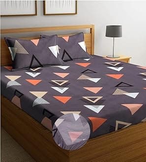 BSB Home Premium Cotton Elastic Fitted Geometric Bedsheets with 2 King Size Pillow Covers | Double Bed with All Around Elastic 180 TC Supersoft | (72"X78", Grey & Orange), 180-200 TC