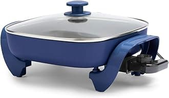12" 5QT Square Electric Skillet, Glass Vented Lid, Ceramic PFAS-Free Nonstick Coated Interior, Adjustable Temperature Control, Cool Touch Handles, Quick Even Heating, Scratch Resistant, Blue