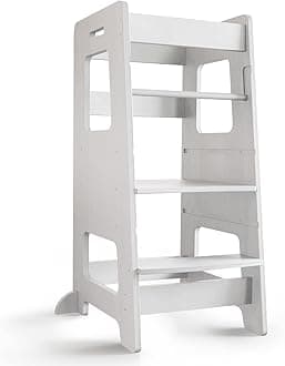 Kitchen Step Stool, WOOD CITY Toddler Kitchen Stool Helper with Safety Rail, Height Adjustable Child Standing Tower Learning Stool for Counter and Bathroom Sink (White)