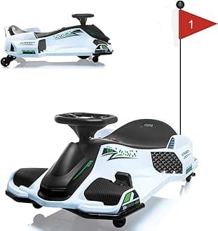 Drift Kart,24V Electric Go Kart for Kids 8+,7Ah Battery 180W Brushless Motor, with High/Low Speed Switch,Music,Front+Tail LED Light,Low-Power Alarm,5.5" Front Tire, for Riders up to 110 lbs White