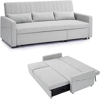 Home Detail 3 Seater Sofa Bed Pull-Out Grey Blue Velvet Grey Linen Storage Chaise (Grey Linen)