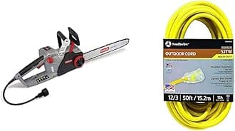 Oregon CS1500 18 in. 15 Amp Self-Sharpening Corded Electric Chainsaw & Southwire 2588SW0002 Outdoor Extension Cord- 12/3 American Made SJTW Heavy Duty 3 Prong Extension Cord (50 Foot- Yellow)